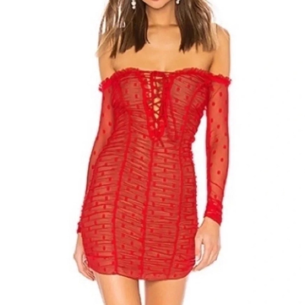 Revolve Majorelle Darling Red Ruched Body Con Mini Dress Size S Polka Dot Mesh